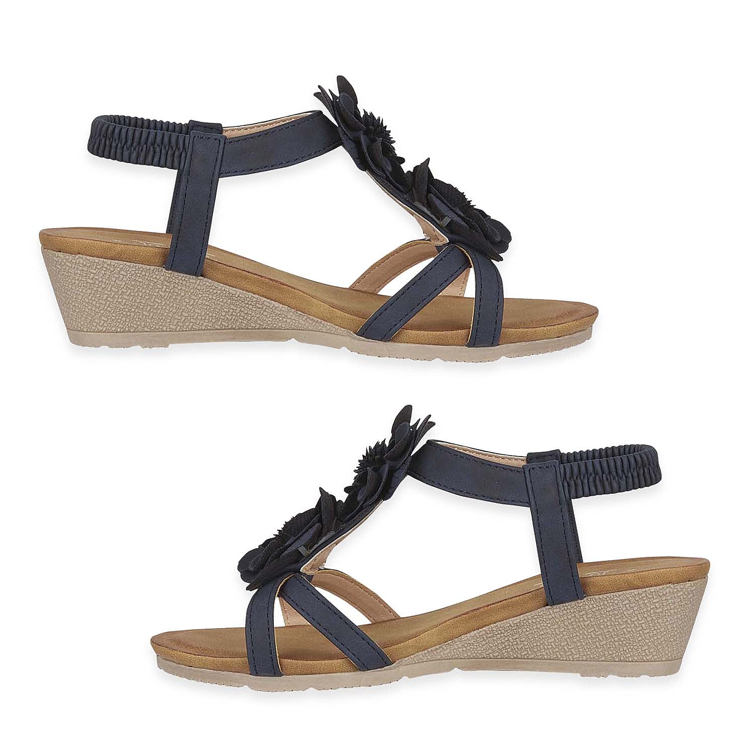 Jo - Joe Bloomsbury Ladies Lightweight Wedge Sandal With Flower Trims And Elasticated Back Strap (Size 4) - Navy