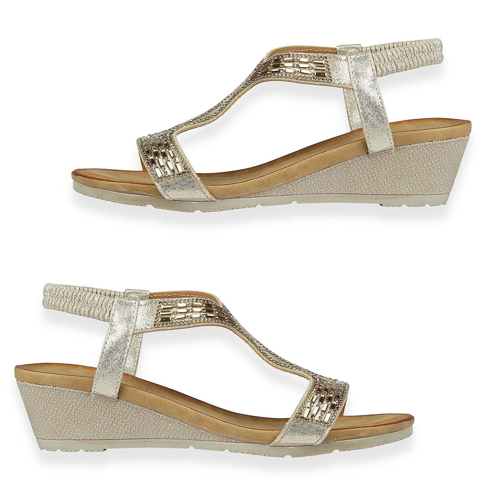 Jo - Joe Cape Verde Ladies Mid Heel Wedge Comfort Sandal With Glitzy Jewels, Elasticated Slingback Strap And Flexible Sole (Size 4) - Rose Gold