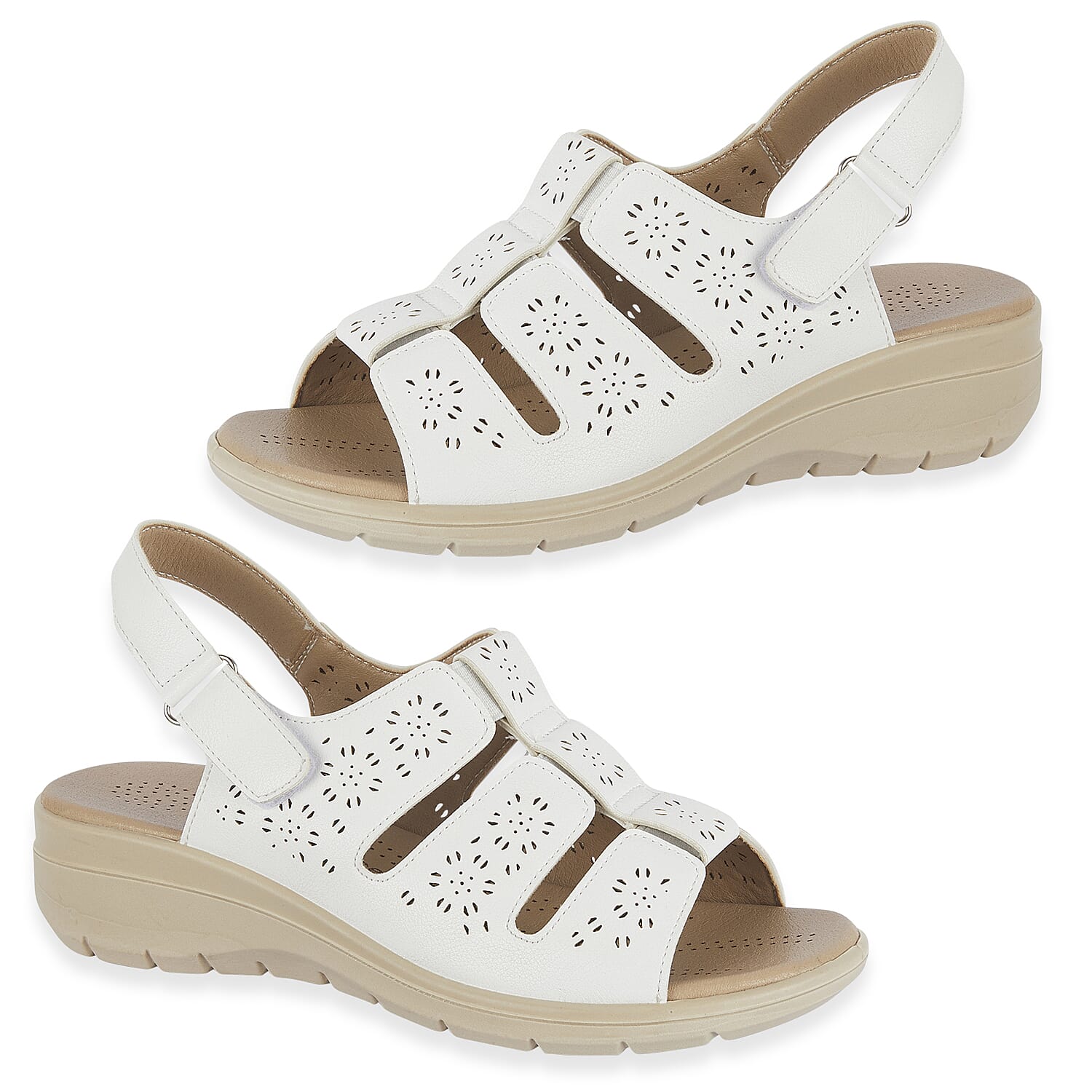 Shoetree Comfort Catania Womens Low Wedge Touch & Close Floral Pattern Cutout Design Sandals (Size - 4) - White