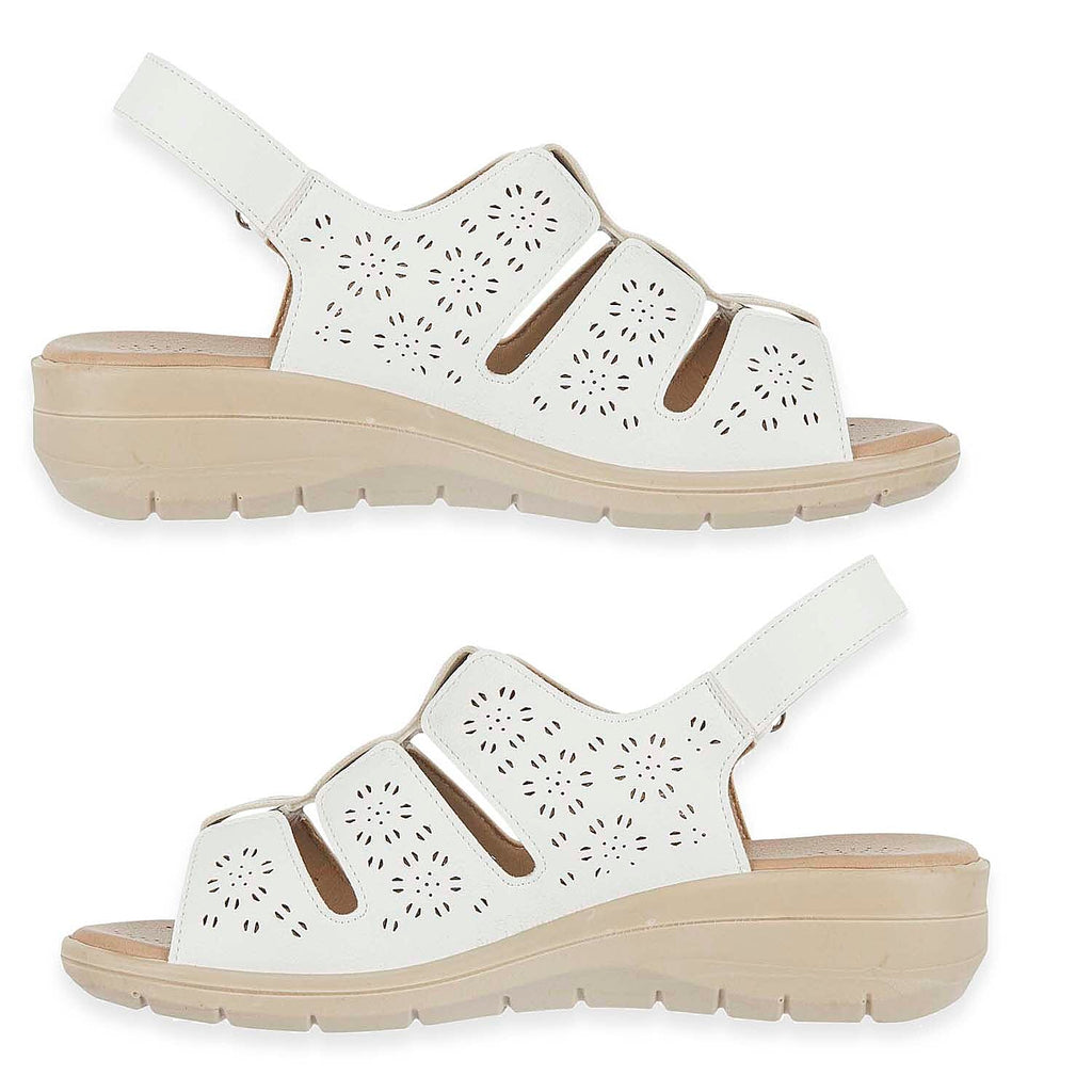 Shoetree Comfort Catania Womens Low Wedge Touch & Close Floral Pattern Cutout Design Sandals (Size - 4) - White