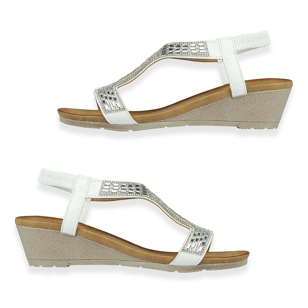 Jo - Joe Cape Verde Ladies Mid Heel Wedge Comfort Sandal With Glitzy Jewels, Elasticated Slingback Strap And Flexible Sole (Size 4) - White