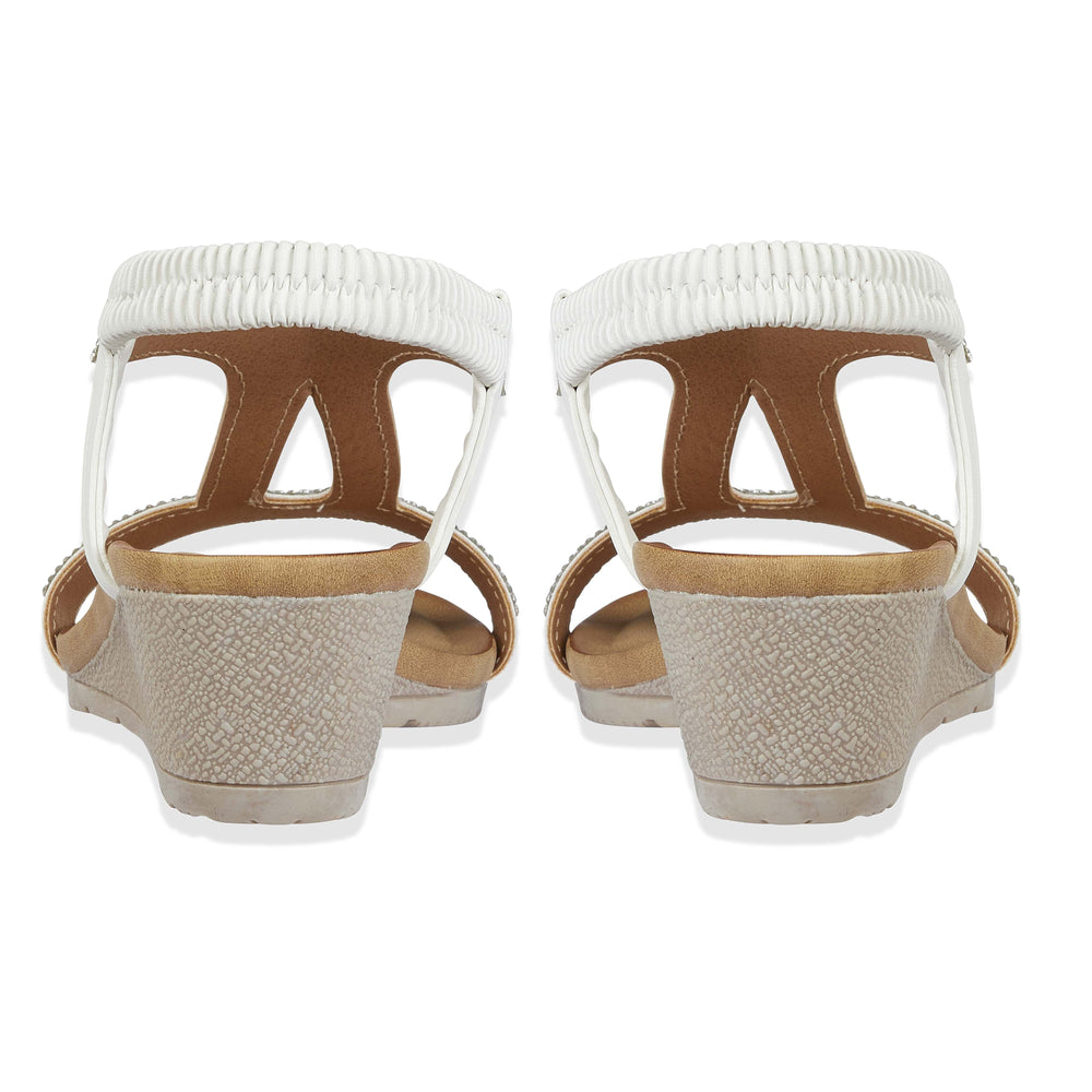 Jo - Joe Cape Verde Ladies Mid Heel Wedge Comfort Sandal With Glitzy Jewels, Elasticated Slingback Strap And Flexible Sole (Size 4) - White