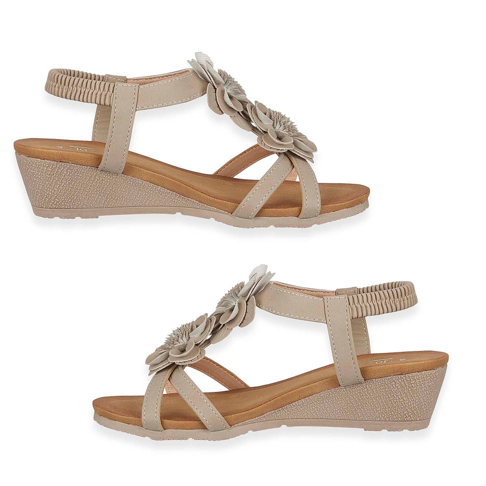 Jo - Joe Bloomsbury Ladies Lightweight Wedge Sandal With Flower Trims And Elasticated Back Strap (Size 5) - Beige