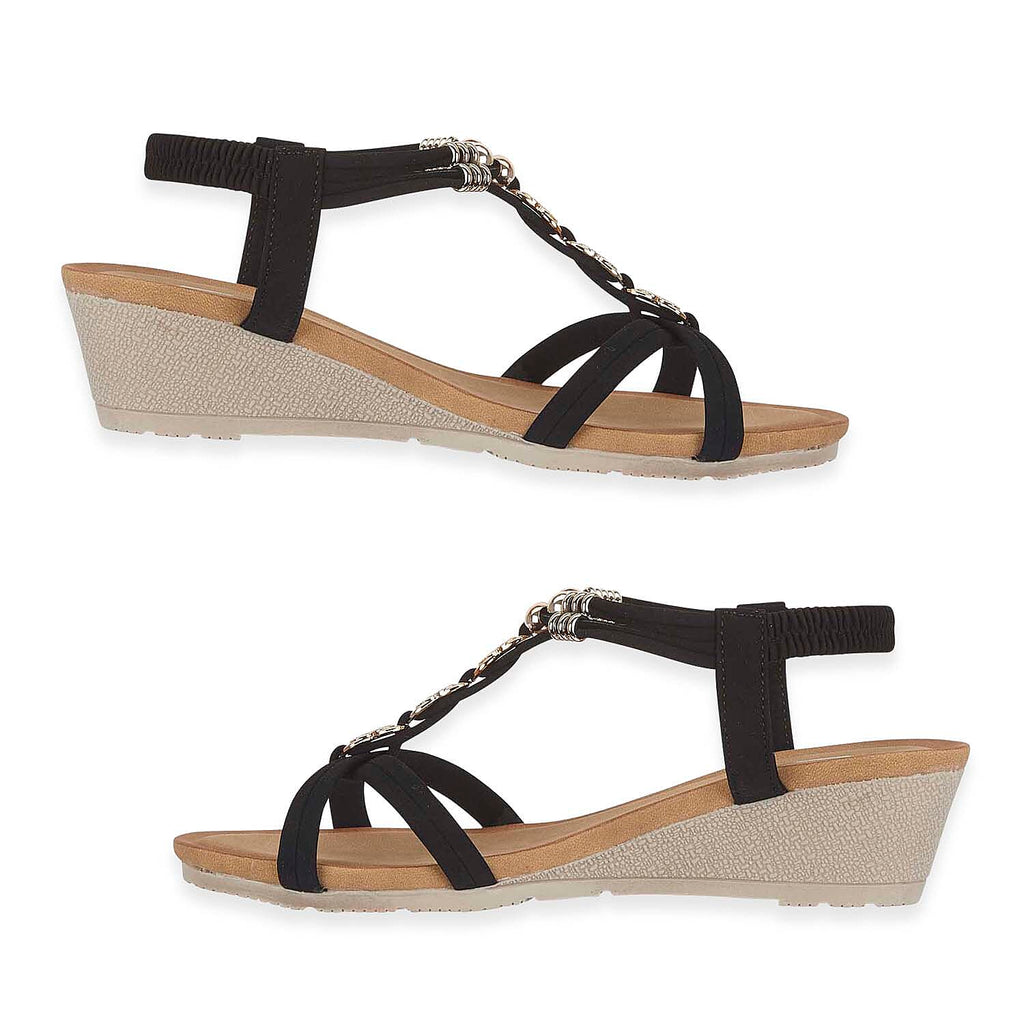 Jo - Joe Mango Ladies Wedge Sandal With Beaded Trim  Embellishments And Elasticated Back Strap (Size 5) - Black