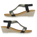 Jo - Joe Cape Verde Ladies Mid Heel Wedge Comfort Sandal With Glitzy Jewels, Elasticated Slingback Strap And Flexible Sole (Size 5) - Black