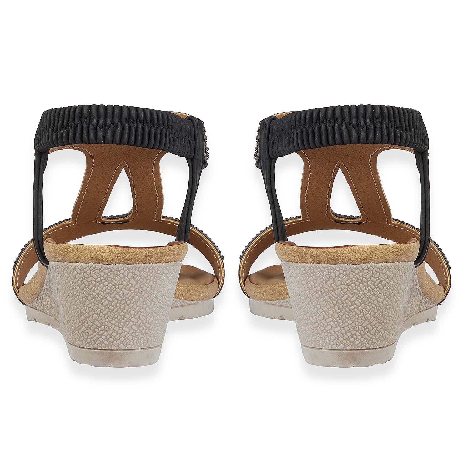 Jo - Joe Cape Verde Ladies Mid Heel Wedge Comfort Sandal With Glitzy Jewels, Elasticated Slingback Strap And Flexible Sole (Size 5) - Black