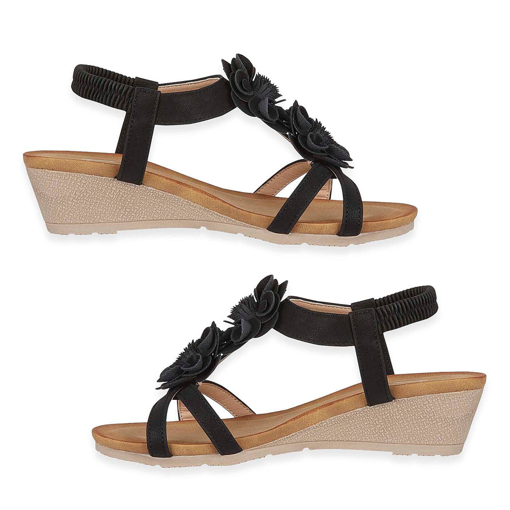 Jo - Joe Bloomsbury Ladies Lightweight Wedge Sandal With Flower Trims And Elasticated Back Strap (Size 5) - Black