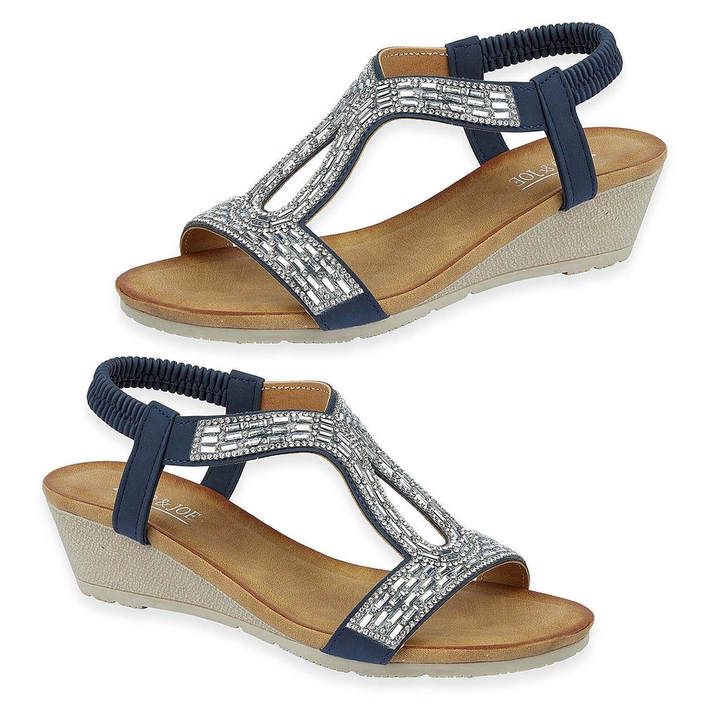 Jo - Joe Cape Verde Ladies Mid Heel Wedge Comfort Sandal With Glitzy Jewels, Elasticated Slingback Strap And Flexible Sole (Size 5) - Navy
