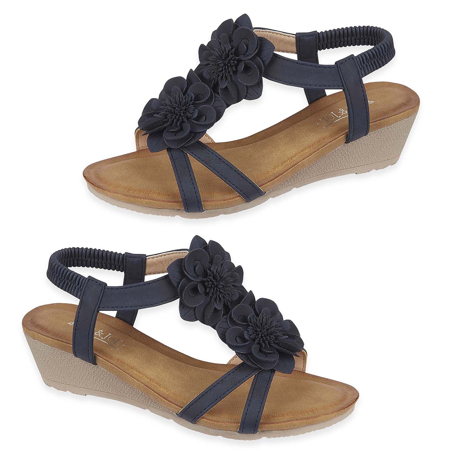 Jo - Joe Bloomsbury Ladies Lightweight Wedge Sandal With Flower Trims And Elasticated Back Strap (Size 5) - Navy