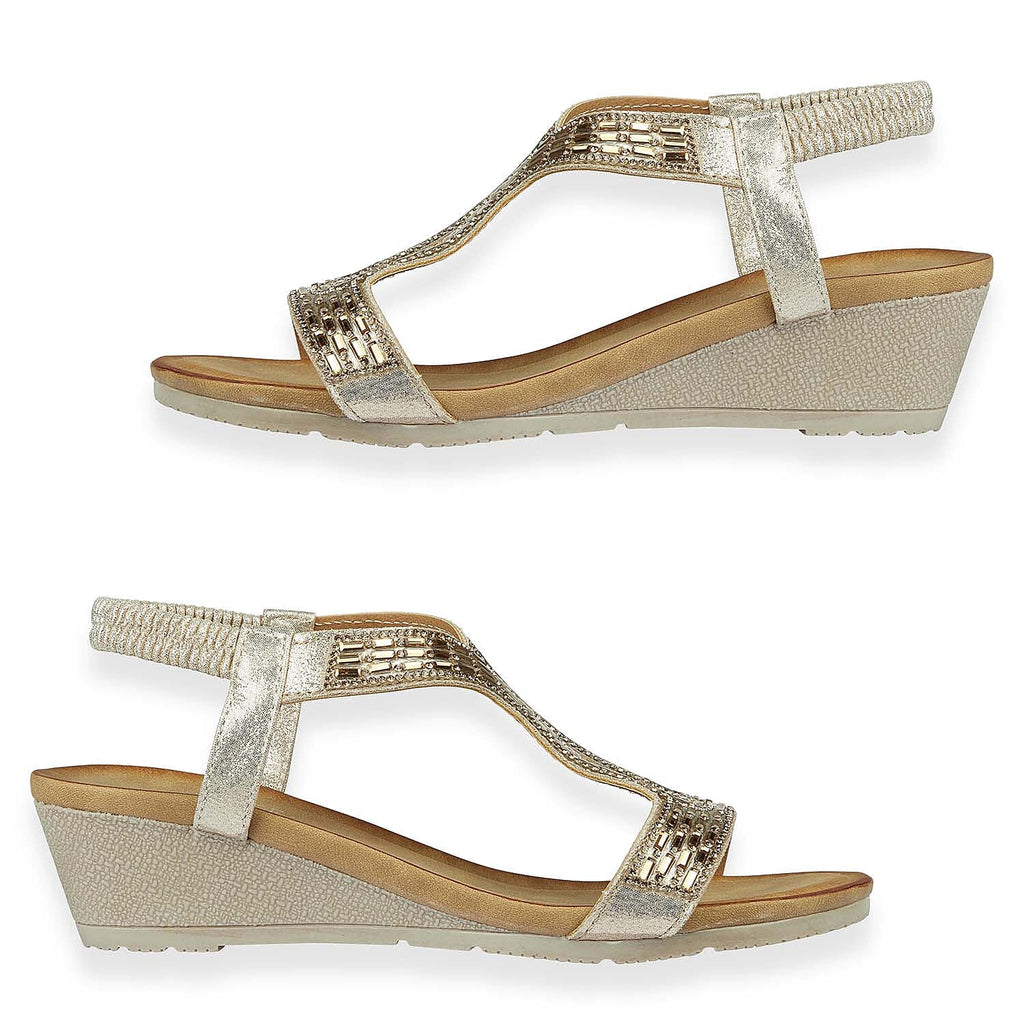 Jo - Joe Cape Verde Ladies Mid Heel Wedge Comfort Sandal With Glitzy Jewels, Elasticated Slingback Strap And Flexible Sole (Size 5) - Rose Gold