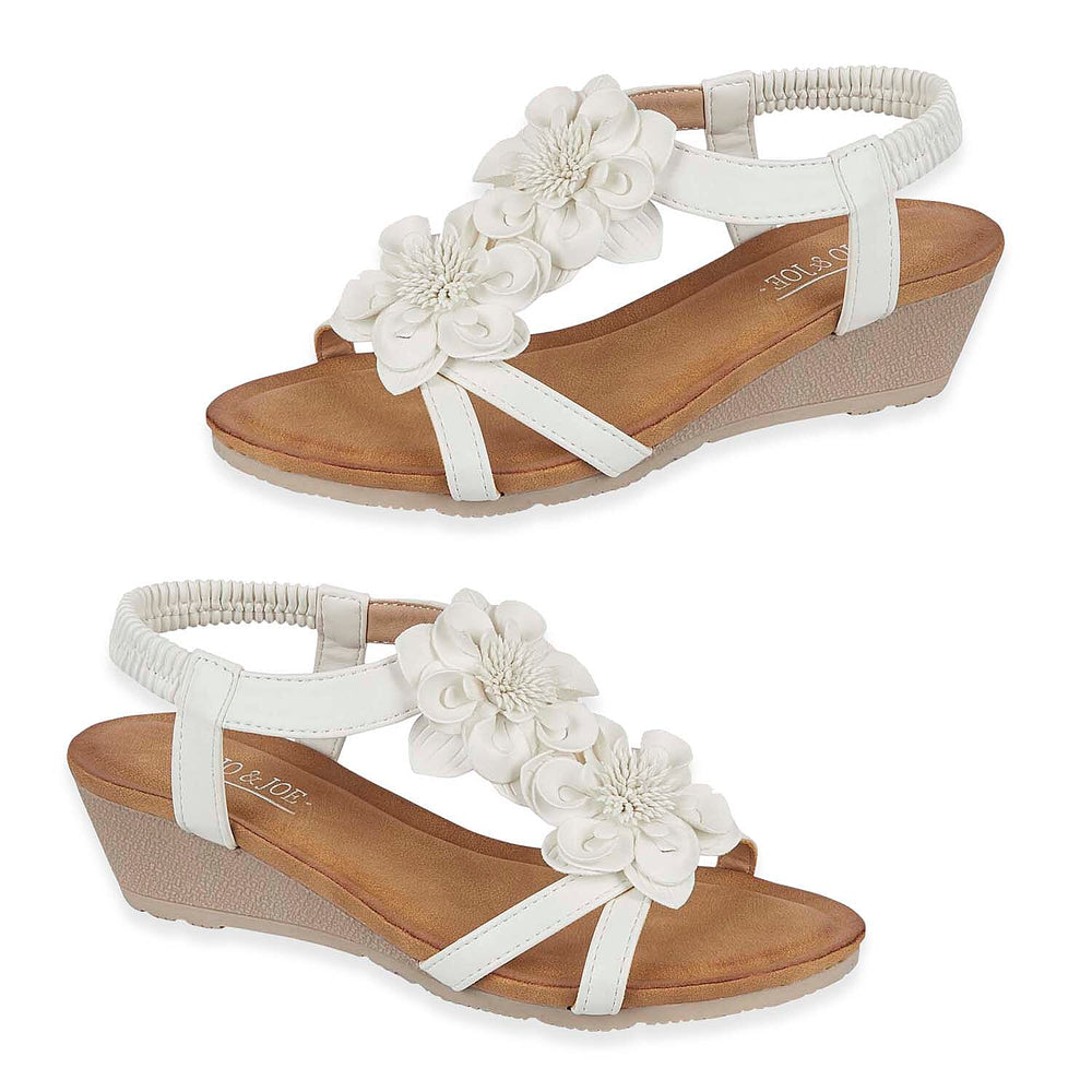 Jo - Joe Bloomsbury Ladies Lightweight Wedge Sandal With Flower Trims And Elasticated Back Strap (Size 5) - White
