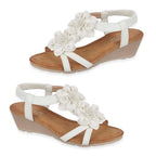 Jo - Joe Bloomsbury Ladies Lightweight Wedge Sandal With Flower Trims And Elasticated Back Strap (Size 5) - White