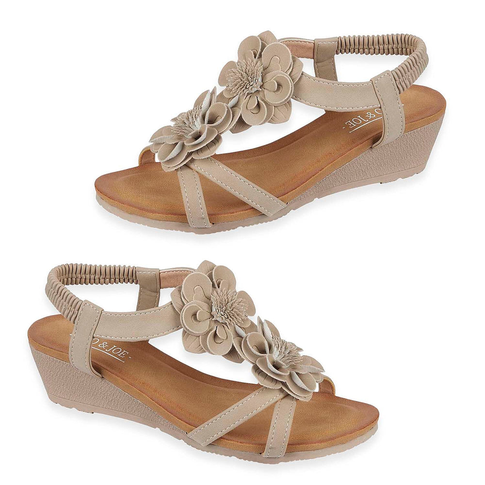 Jo - Joe Bloomsbury Ladies Lightweight Wedge Sandal With Flower Trims And Elasticated Back Strap (Size 6) - Beige