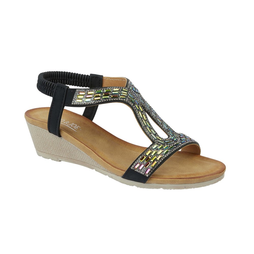 Jo - Joe Cape Verde Ladies Mid Heel Wedge Comfort Sandal With Glitzy Jewels, Elasticated Slingback Strap And Flexible Sole (Size 6) - Black