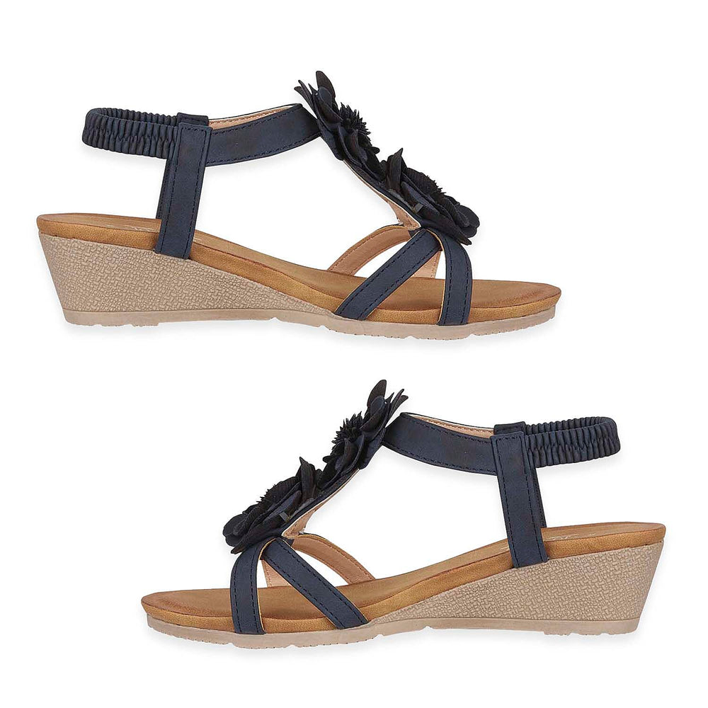 Jo - Joe Bloomsbury Ladies Lightweight Wedge Sandal With Flower Trims And Elasticated Back Strap (Size 6) - Navy