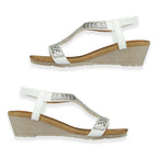 Jo - Joe Cape Verde Ladies Mid Heel Wedge Comfort Sandal With Glitzy Jewels, Elasticated Slingback Strap And Flexible Sole (Size 6) - White