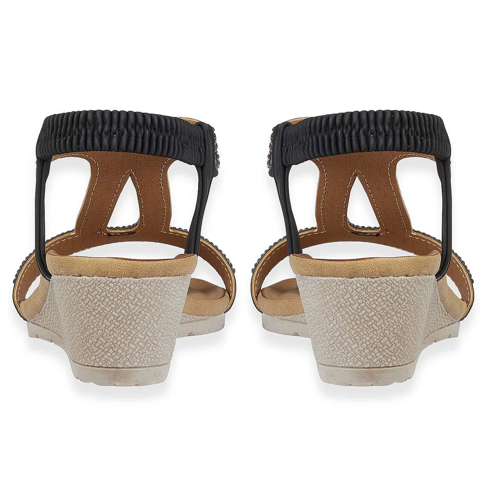 Jo - Joe Cape Verde Ladies Mid Heel Wedge Comfort Sandal With Glitzy Jewels, Elasticated Slingback Strap And Flexible Sole (Size 7) - Black