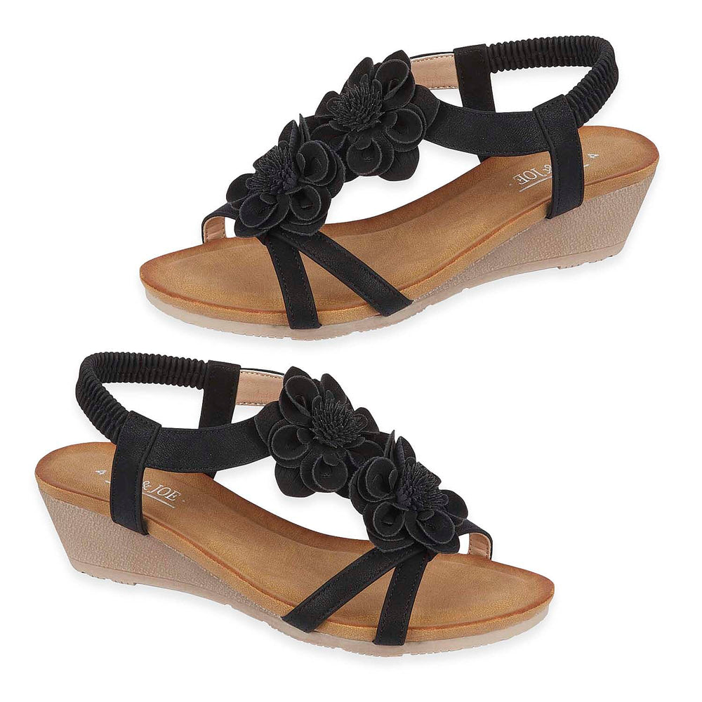 Jo - Joe Bloomsbury Ladies Lightweight Wedge Sandal With Flower Trims And Elasticated Back Strap (Size 7) - Black