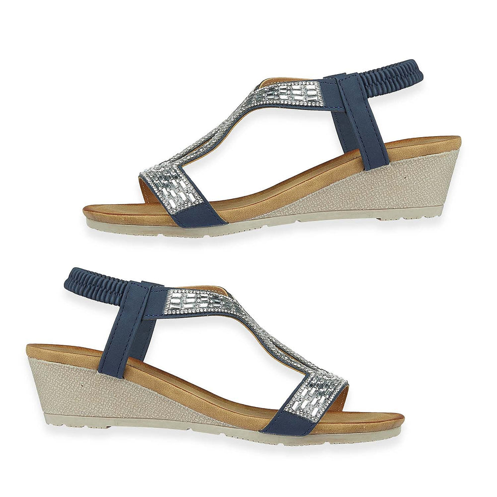 Jo - Joe Cape Verde Ladies Mid Heel Wedge Comfort Sandal With Glitzy Jewels, Elasticated Slingback Strap And Flexible Sole (Size 7) - Navy