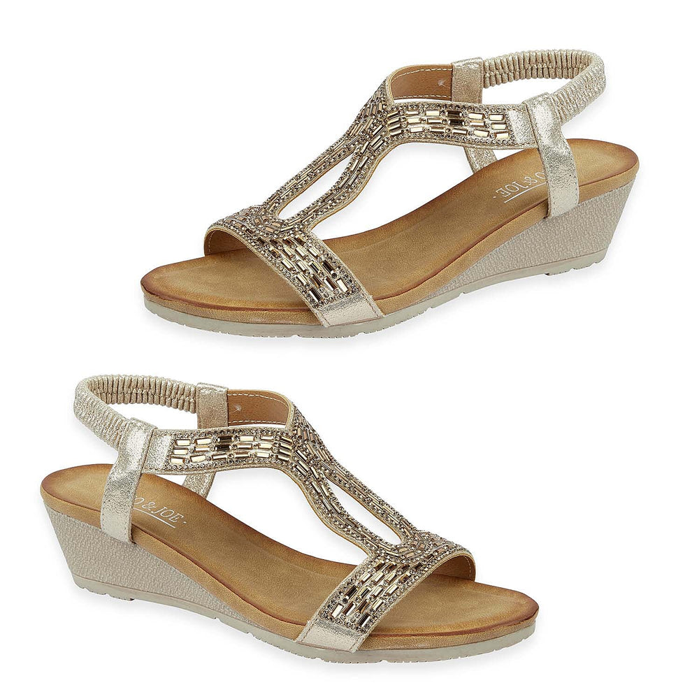 Jo - Joe Cape Verde Ladies Mid Heel Wedge Comfort Sandal With Glitzy Jewels, Elasticated Slingback Strap And Flexible Sole (Size 7) - Rose Gold