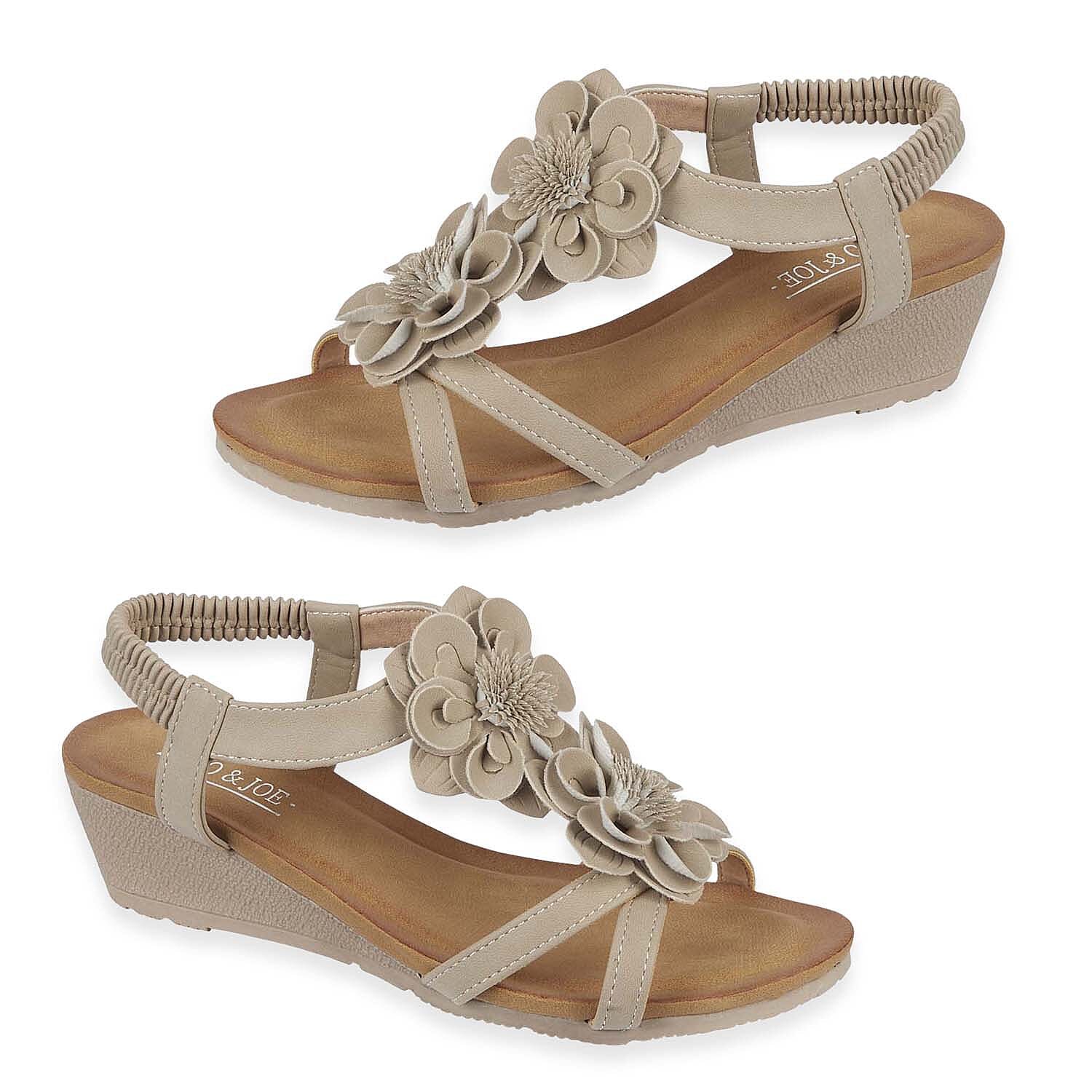 Jo - Joe Bloomsbury Ladies Lightweight Wedge Sandal With Flower Trims And Elasticated Back Strap (Size 8) - Beige
