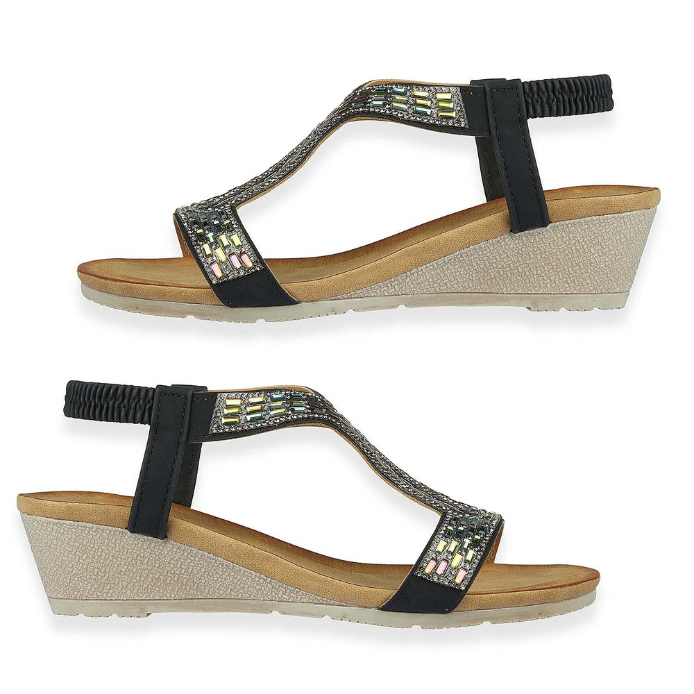 Jo - Joe Cape Verde Ladies Mid Heel Wedge Comfort Sandal With Glitzy Jewels, Elasticated Slingback Strap And Flexible Sole (Size 8) - Black