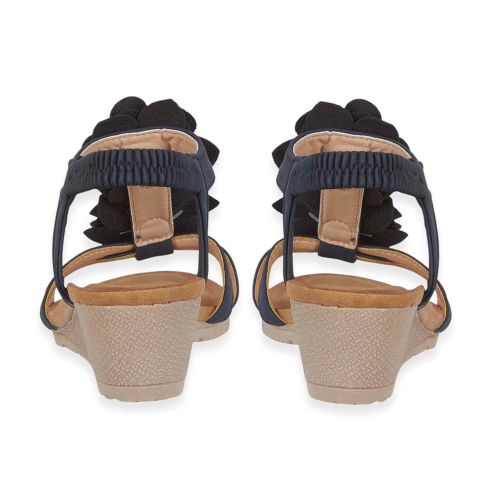 Jo - Joe Bloomsbury Ladies Lightweight Wedge Sandal With Flower Trims And Elasticated Back Strap (Size 8) - Black