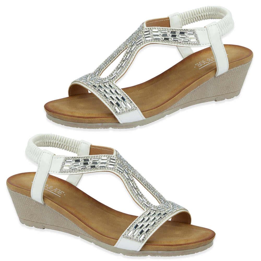 Jo - Joe Cape Verde Ladies Mid Heel Wedge Comfort Sandal With Glitzy Jewels, Elasticated Slingback Strap And Flexible Sole (Size 8) - White