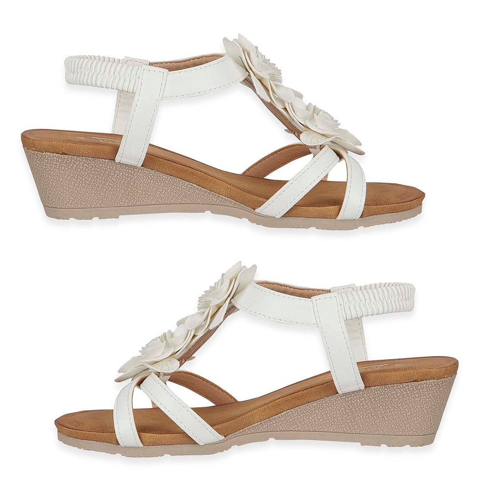Jo - Joe Bloomsbury Ladies Lightweight Wedge Sandal With Flower Trims And Elasticated Back Strap (Size 8) - White