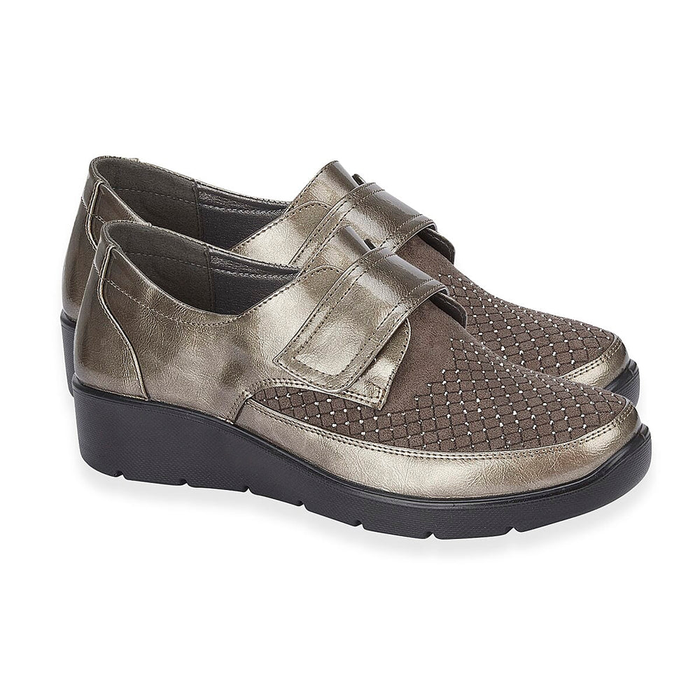 Jo - Joe Ladies Lightweight Wedge Derbies With Diamonte Trim - Velcro Tab (Size 4) - Pewter