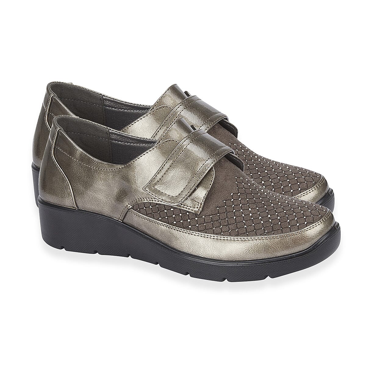 Jo - Joe Ladies Lightweight Wedge Derbies With Diamonte Trim - Velcro Tab (Size 4) - Pewter