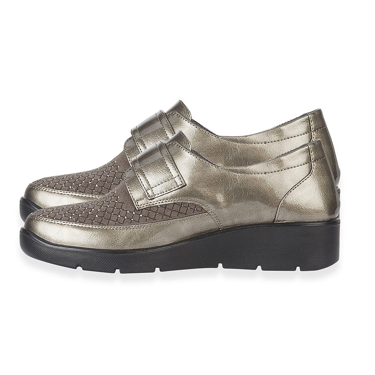 Jo - Joe Ladies Lightweight Wedge Derbies With Diamonte Trim - Velcro Tab (Size 4) - Pewter