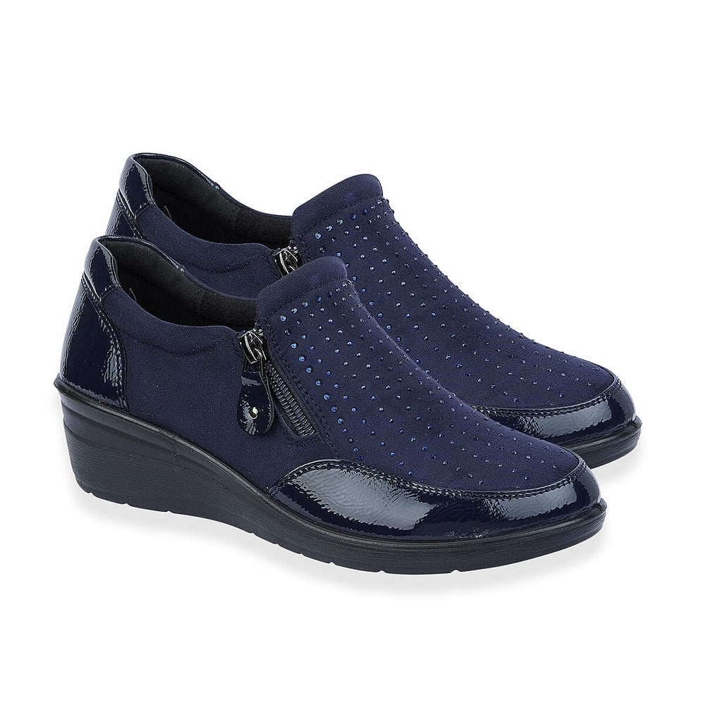 Jo-Joe Jessica Wedge Shoe With Metallic Trim - Zip (Size 8) - Navy