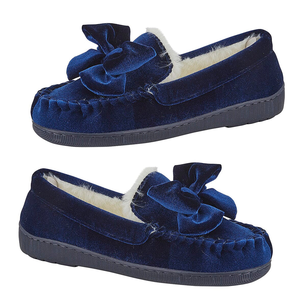Jo - Joe Velvet Moccasin Slipper with Bow (Size 5) - Navy