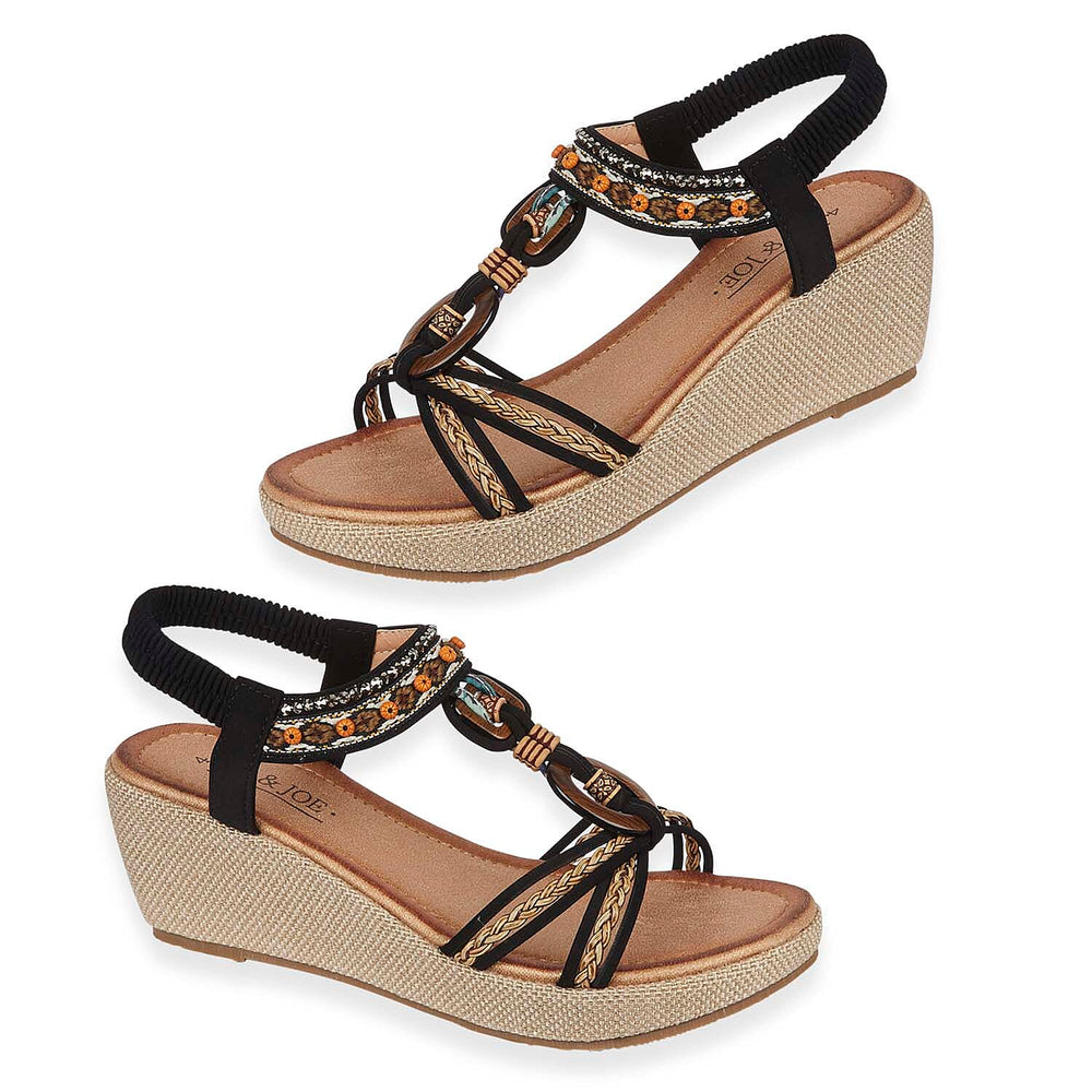 Jo - Joe Ladies Trinidad Wedge Sandal with Back Strap (Size - 4) - Black