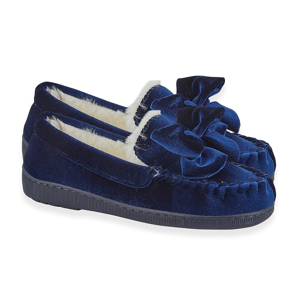 Jo - Joe Velvet Moccasin Slipper with Bow (Size 5) - Navy