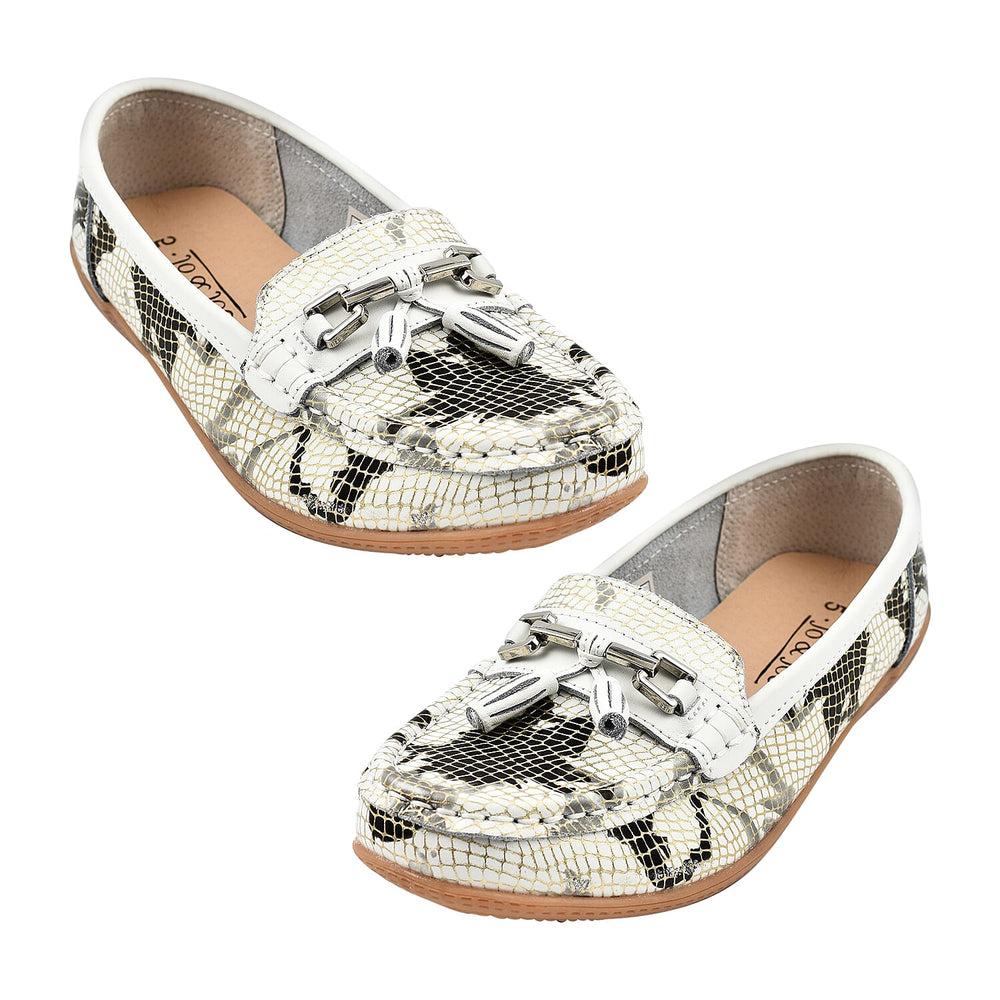 ELSINKI Womens Slip On Leather Animal Print Tassle Loafer (Size 4) - Black & White