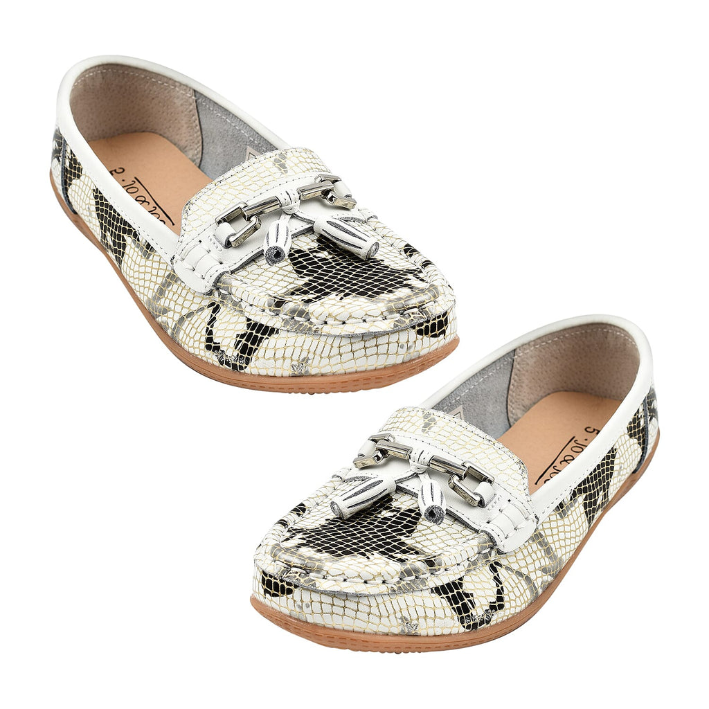 ELSINKI Womens Slip On Leather Animal Print Tassle Loafer (Size 4) - Black & White