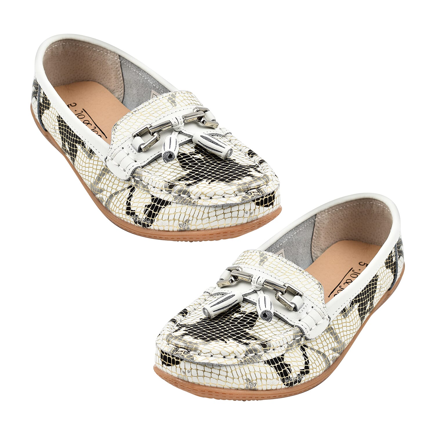 ELSINKI Womens Slip On Leather Animal Print Tassle Loafer (Size 4) - Black & White