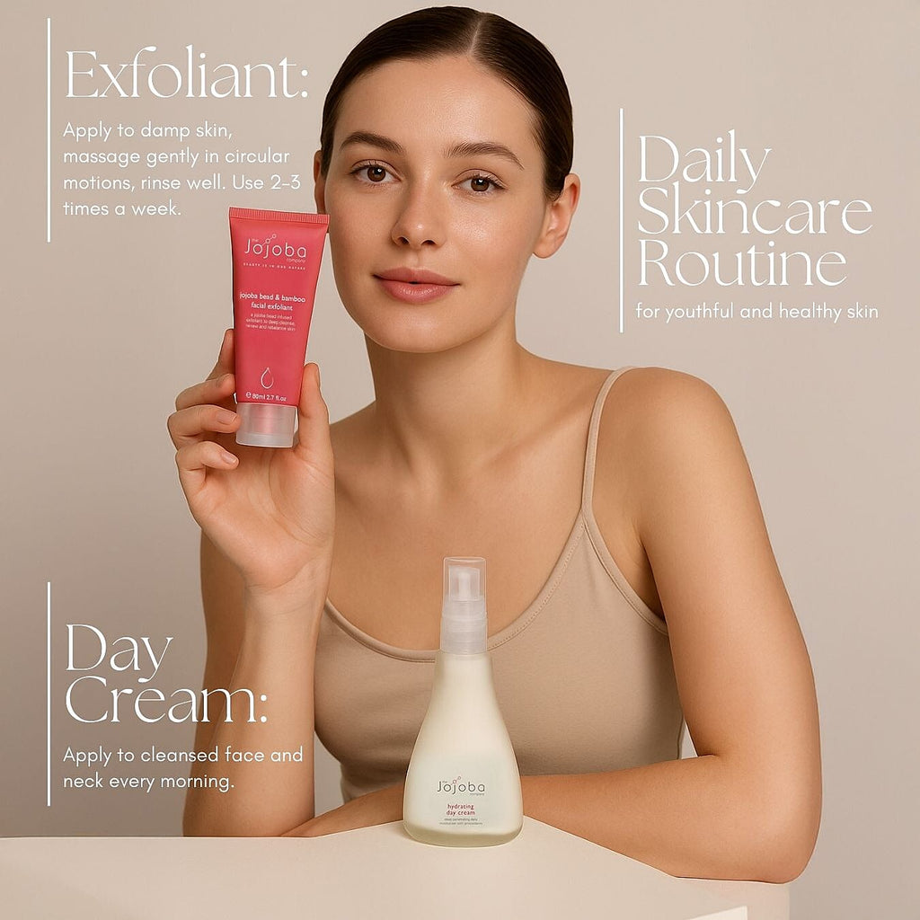 The Jojoba Company Jojoba Bead and Bamboo Facial Exfoliant with The Jojoba Company Hydrating Day Cream