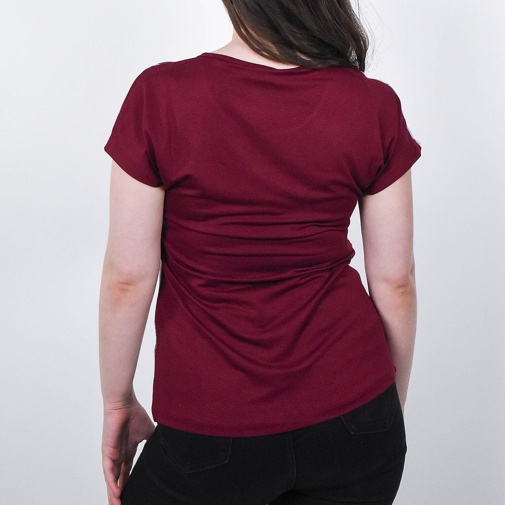 JOVIE Leaf Pattern Low Sleeve Blouse (Size S-M - 8-10) - Burgundy & Light Grey