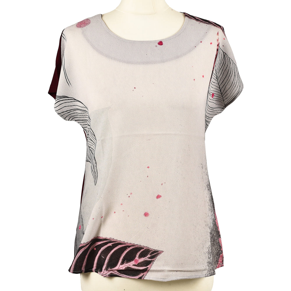 JOVIE Leaf Pattern Low Sleeve Blouse (Size M-L - 10-12) - Burgundy & Light Grey
