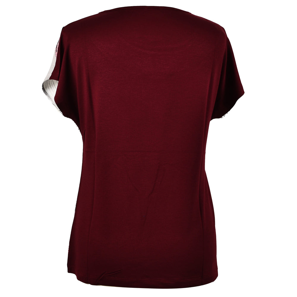 JOVIE Leaf Pattern Low Sleeve Blouse (Size M-L - 10-12) - Burgundy & Light Grey
