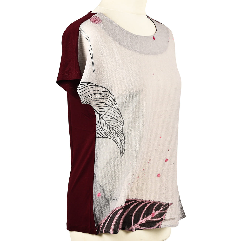JOVIE Leaf Pattern Low Sleeve Blouse (Size M-L - 10-12) - Burgundy & Light Grey
