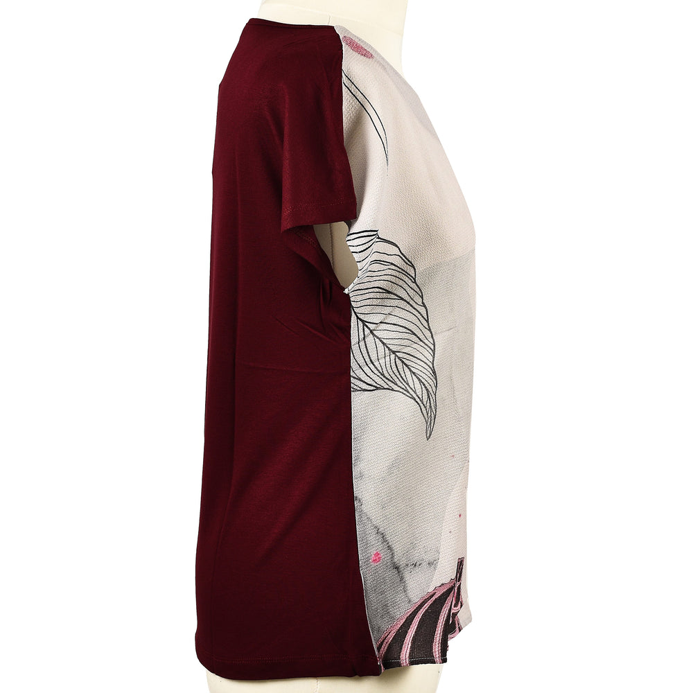 JOVIE Leaf Pattern Low Sleeve Blouse (Size M-L - 10-12) - Burgundy & Light Grey