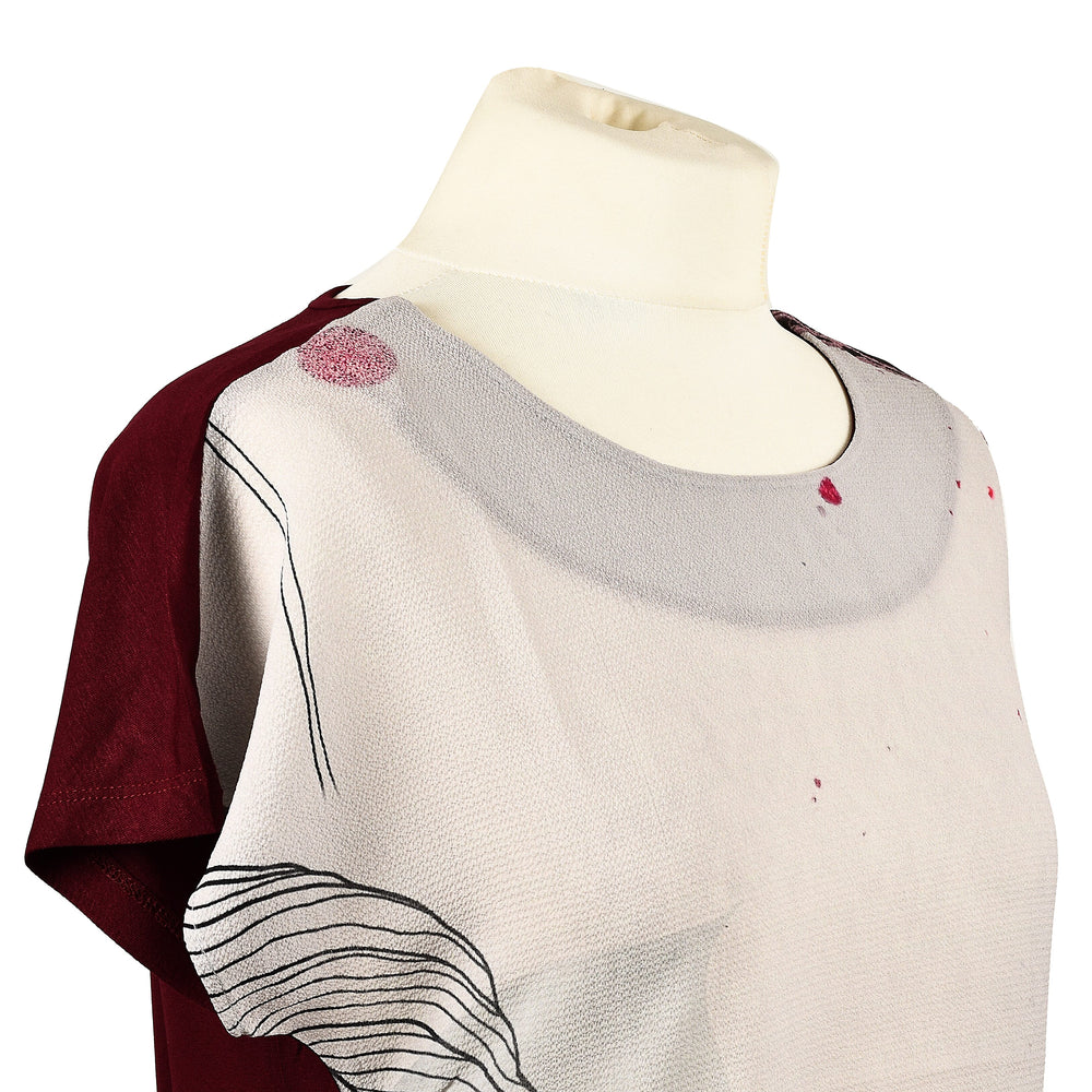 JOVIE Leaf Pattern Low Sleeve Blouse (Size M-L - 10-12) - Burgundy & Light Grey
