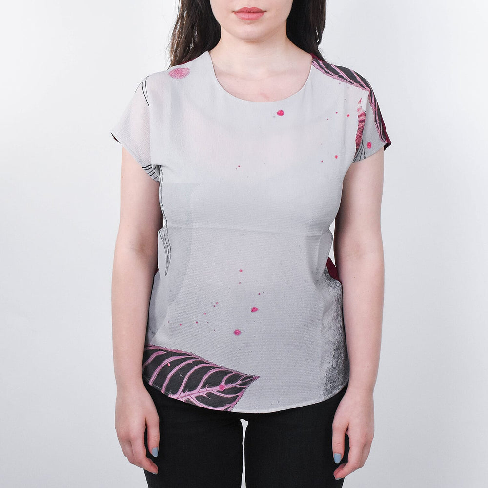 JOVIE Leaf Pattern Low Sleeve Blouse (Size L-XL - 12-14) - Burgundy & Light Grey