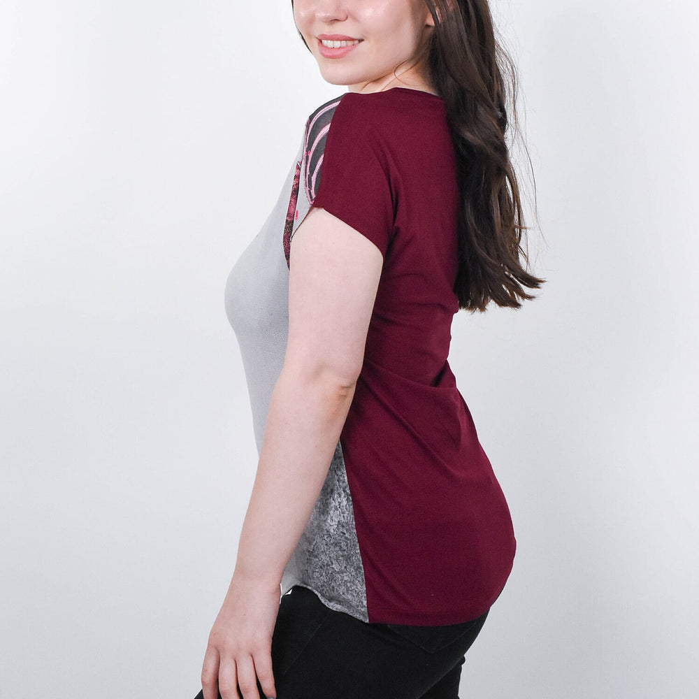 JOVIE Leaf Pattern Low Sleeve Blouse (Size L-XL - 12-14) - Burgundy & Light Grey