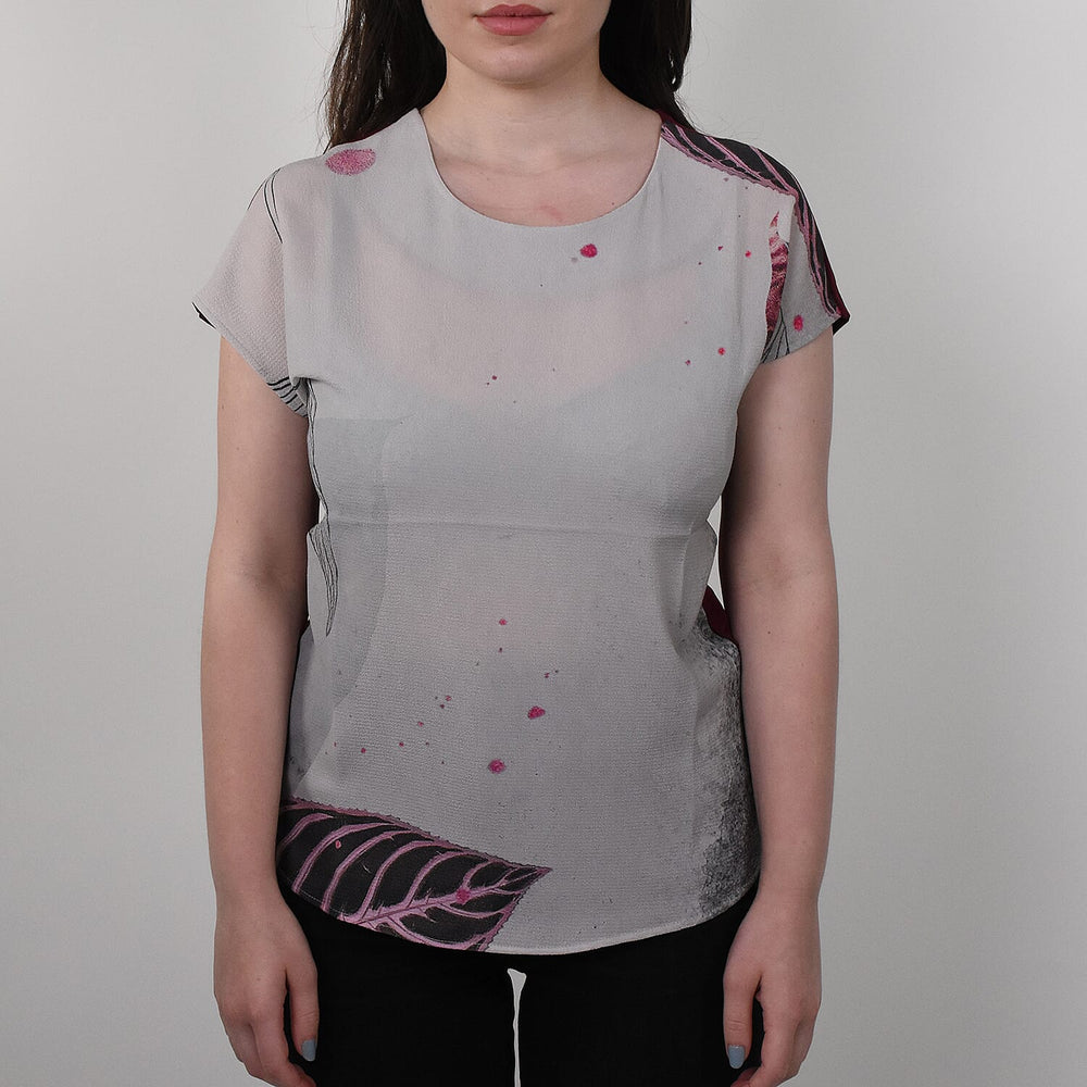 JOVIE Leaf Pattern Low Sleeve Blouse (Size L-XL - 12-14) - Burgundy & Light Grey