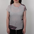 JOVIE Leaf Pattern Low Sleeve Blouse (Size L-XL - 12-14) - Burgundy & Light Grey